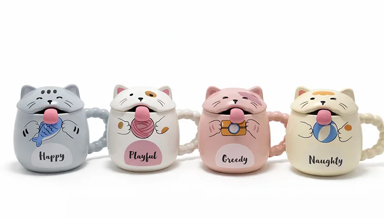 Tasarım 3D Kedi Figürlü Kapaklı Kaşıklı Kupa Bardak