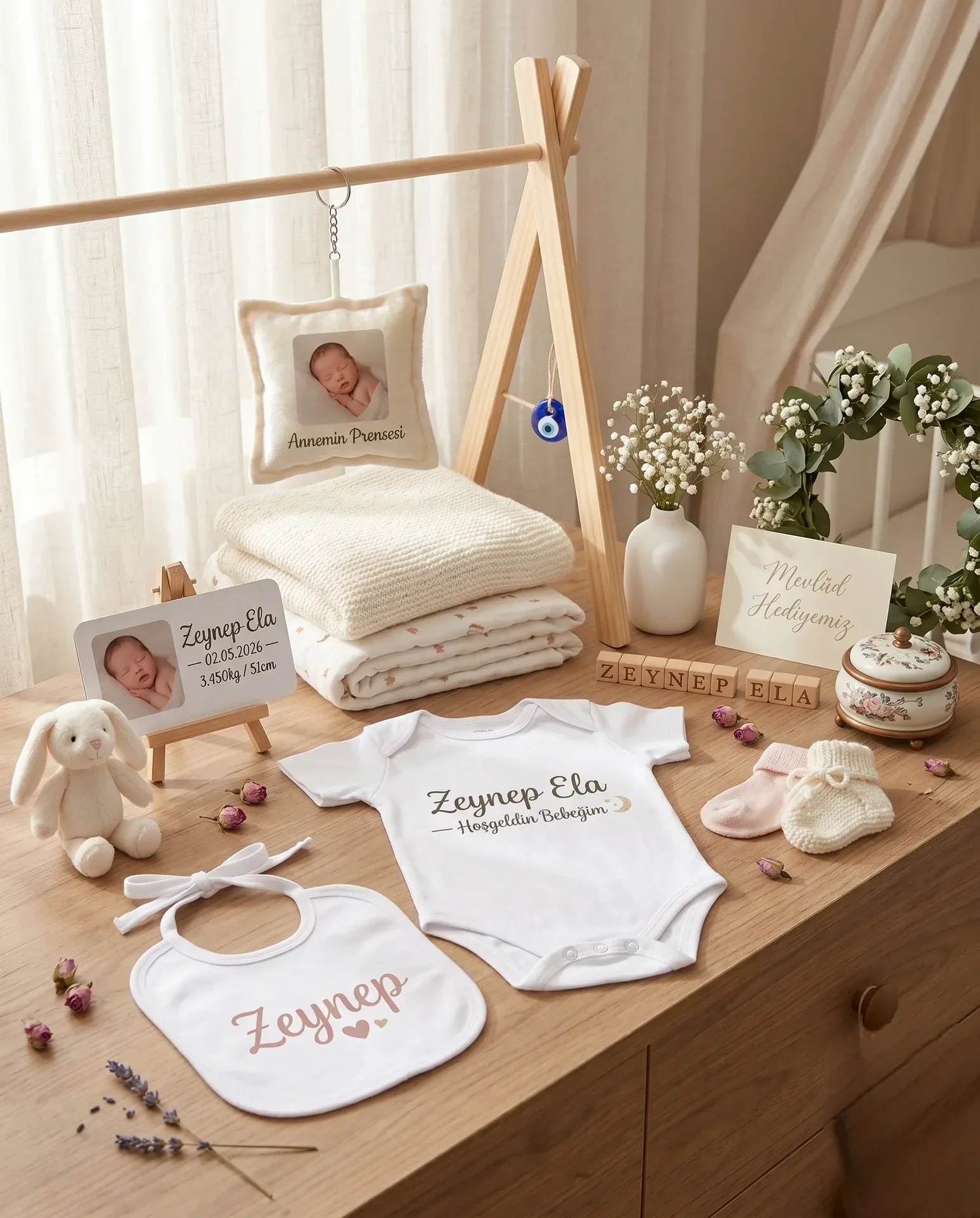 Hoşgeldin Bebek Seti — Zıbın, Önlük, Anahtarlık ve Magnet